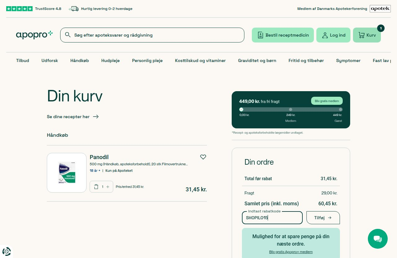 Hvor du indtaster rabatkoden på Apopros hjemmeside