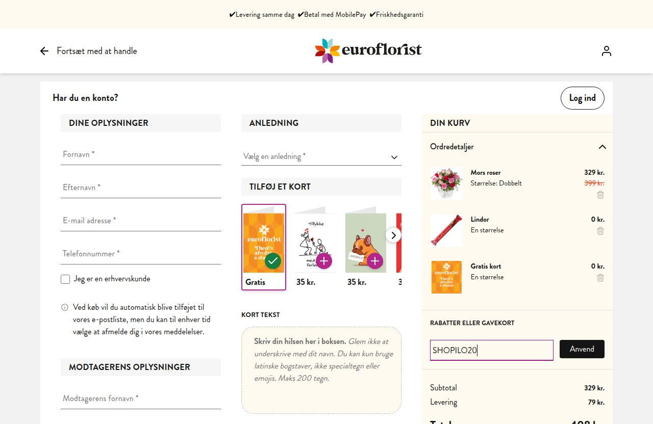 Hvor du indtaster rabatkoden på Euroflorists hjemmeside