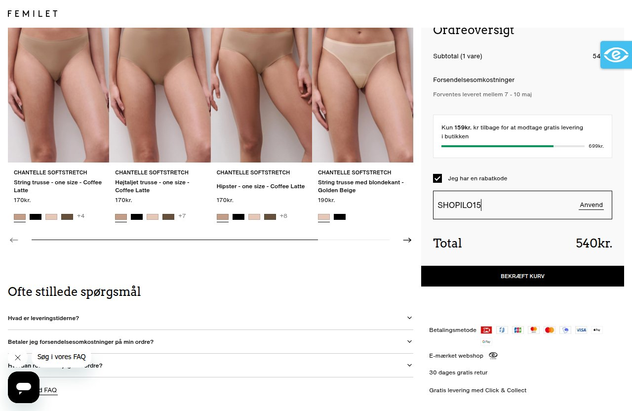 Hvor du indtaster rabatkoden på Femilets hjemmeside