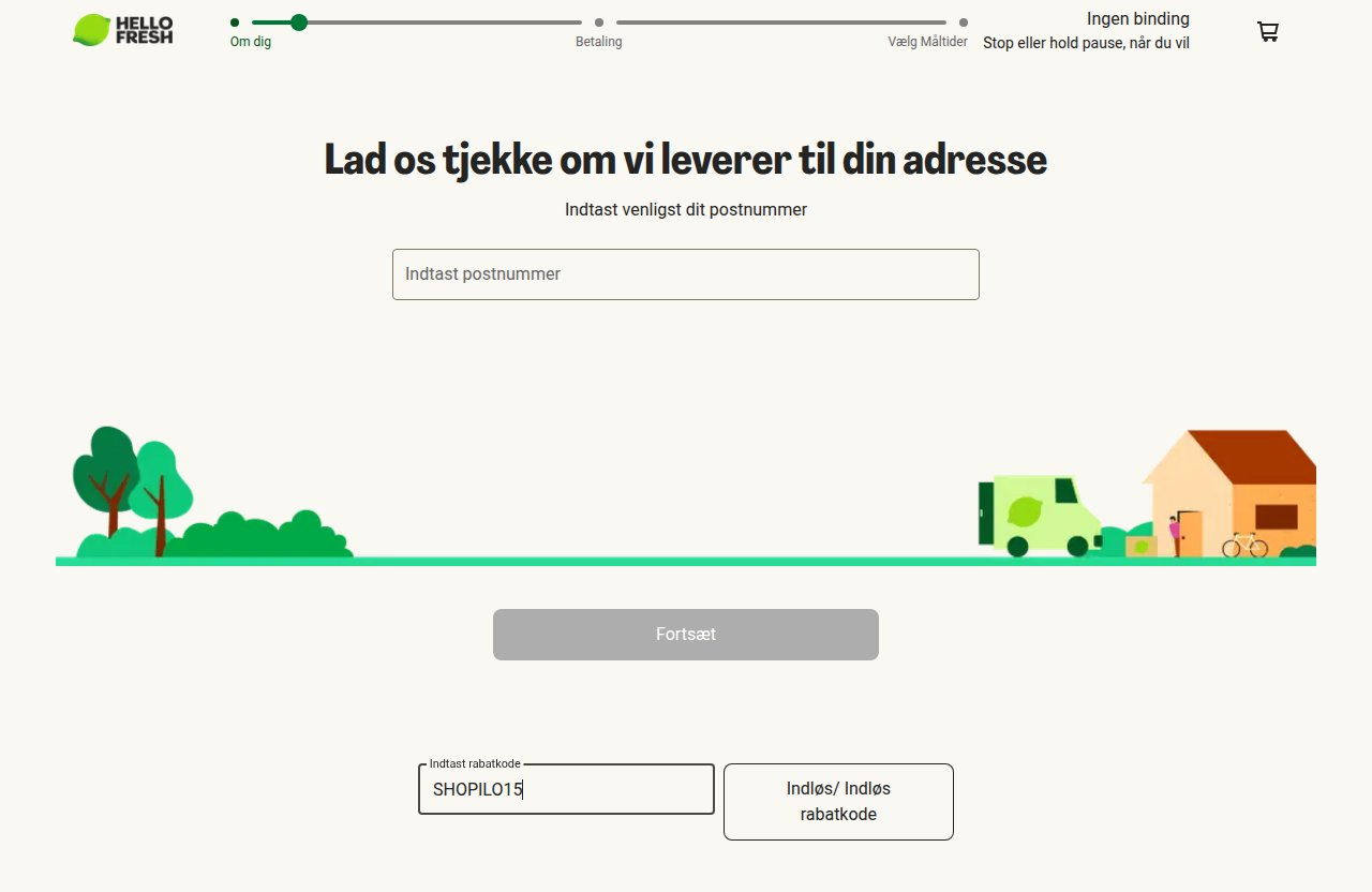 Hvor du indtaster rabatkoden på HelloFreshs hjemmeside