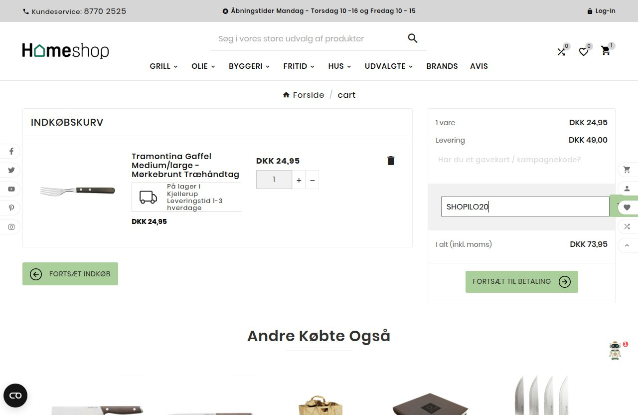 Hvor du indtaster rabatkoden på Homeshop.dks hjemmeside