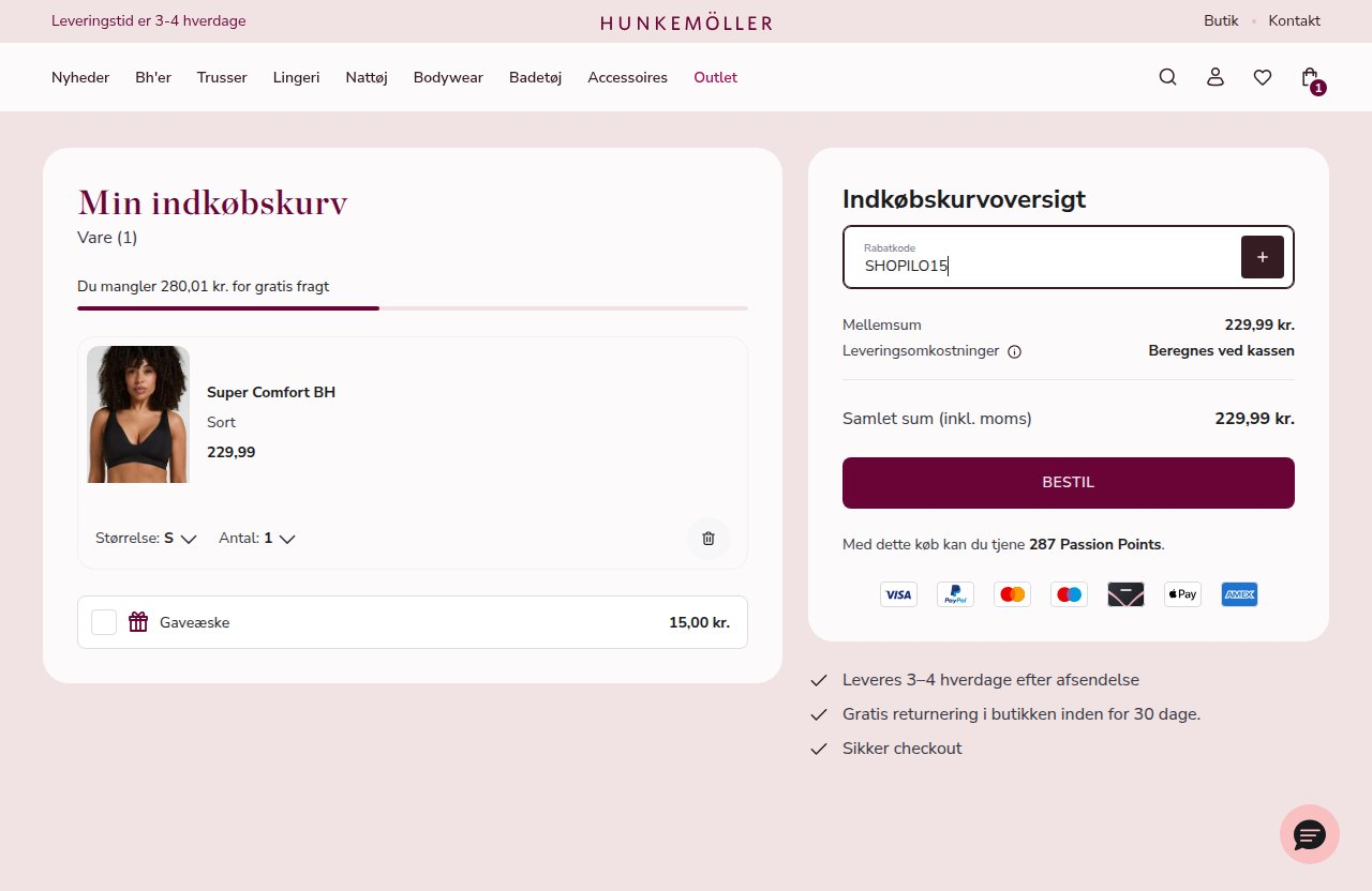 Hvor du indtaster rabatkoden på Hunkemöllers hjemmeside