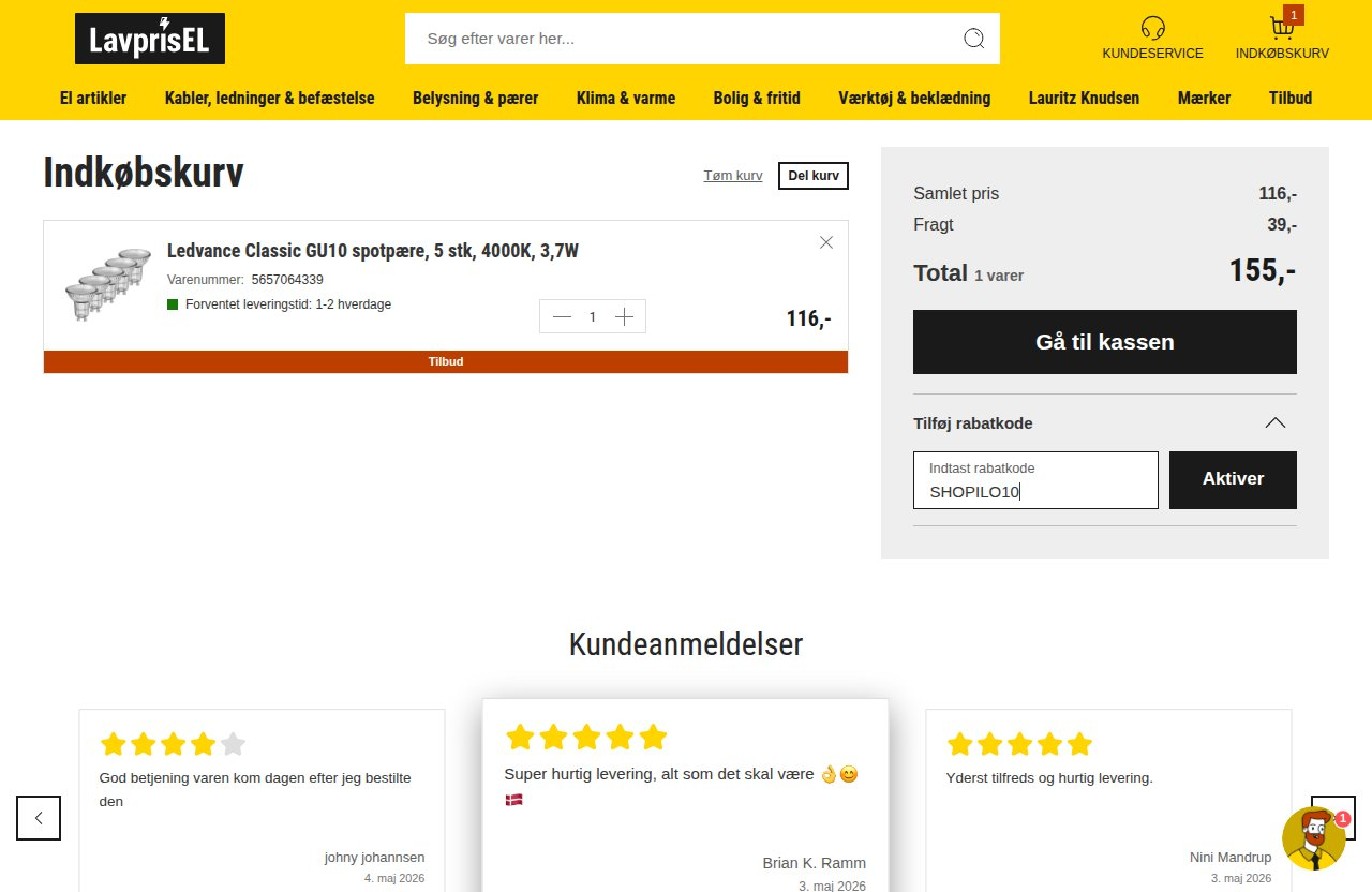 Hvor du indtaster rabatkoden på LavprisELs hjemmeside