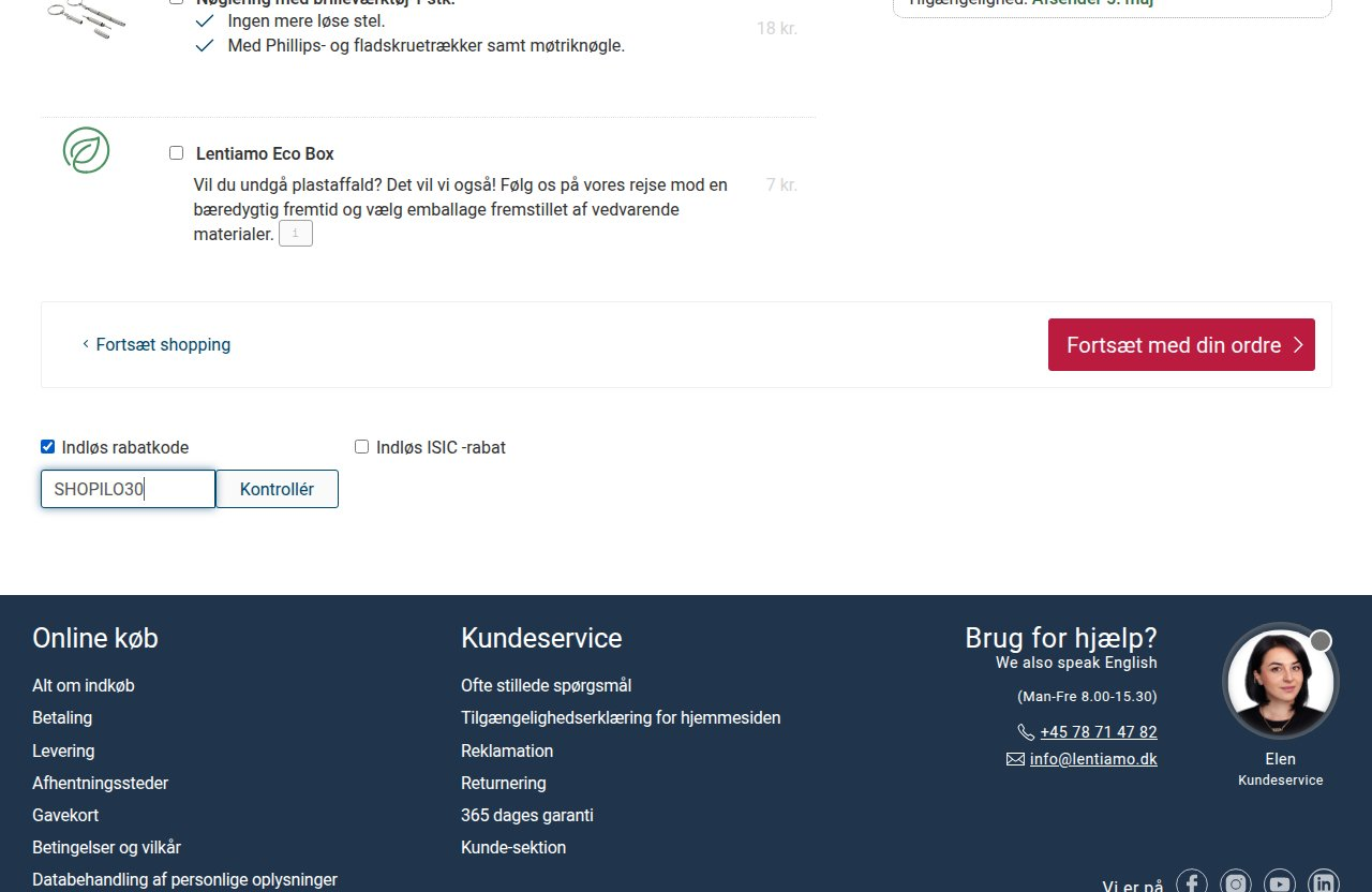 Hvor du indtaster rabatkoden på Lentiamos hjemmeside