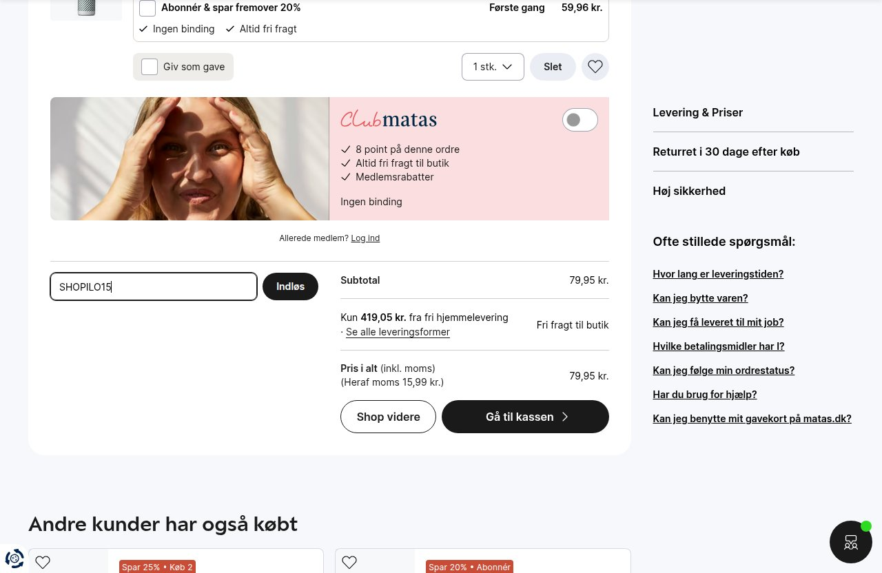 Hvor du indtaster rabatkoden på Matass hjemmeside