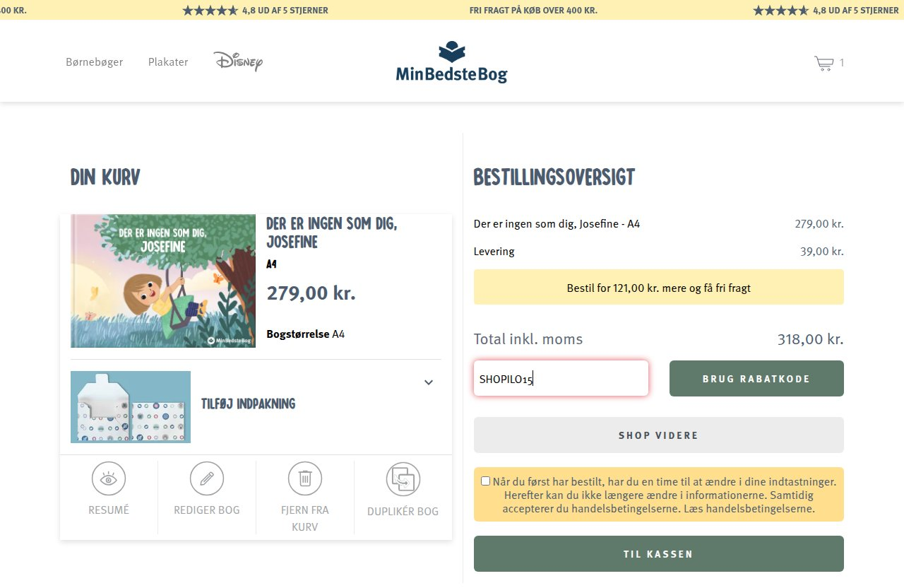 Hvor du indtaster rabatkoden på Min Bedste Bogs hjemmeside