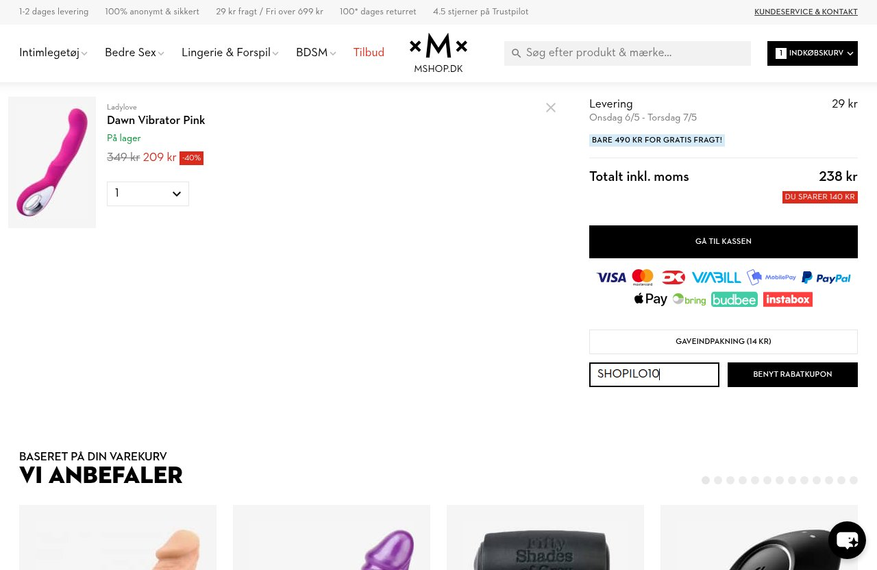 Hvor du indtaster rabatkoden på Mshops hjemmeside