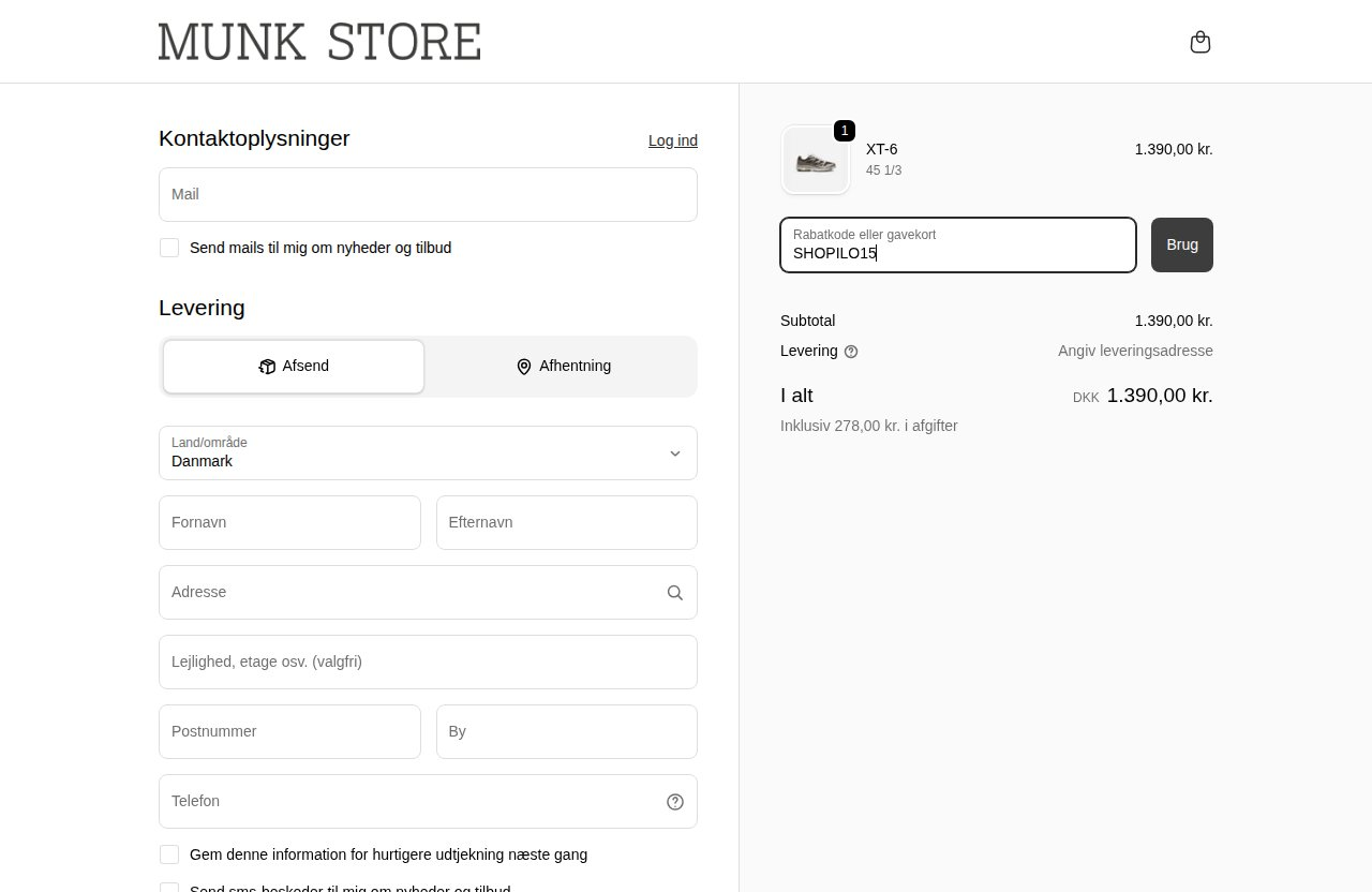 Hvor du indtaster rabatkoden på Munk Stores hjemmeside