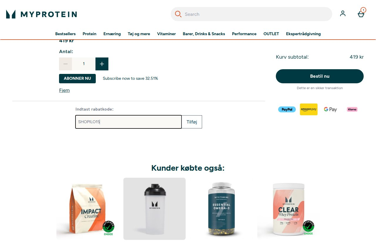 Hvor du indtaster rabatkoden på Myproteins hjemmeside