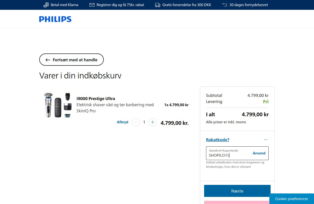 Hvor du indtaster rabatkoden på Philipss hjemmeside