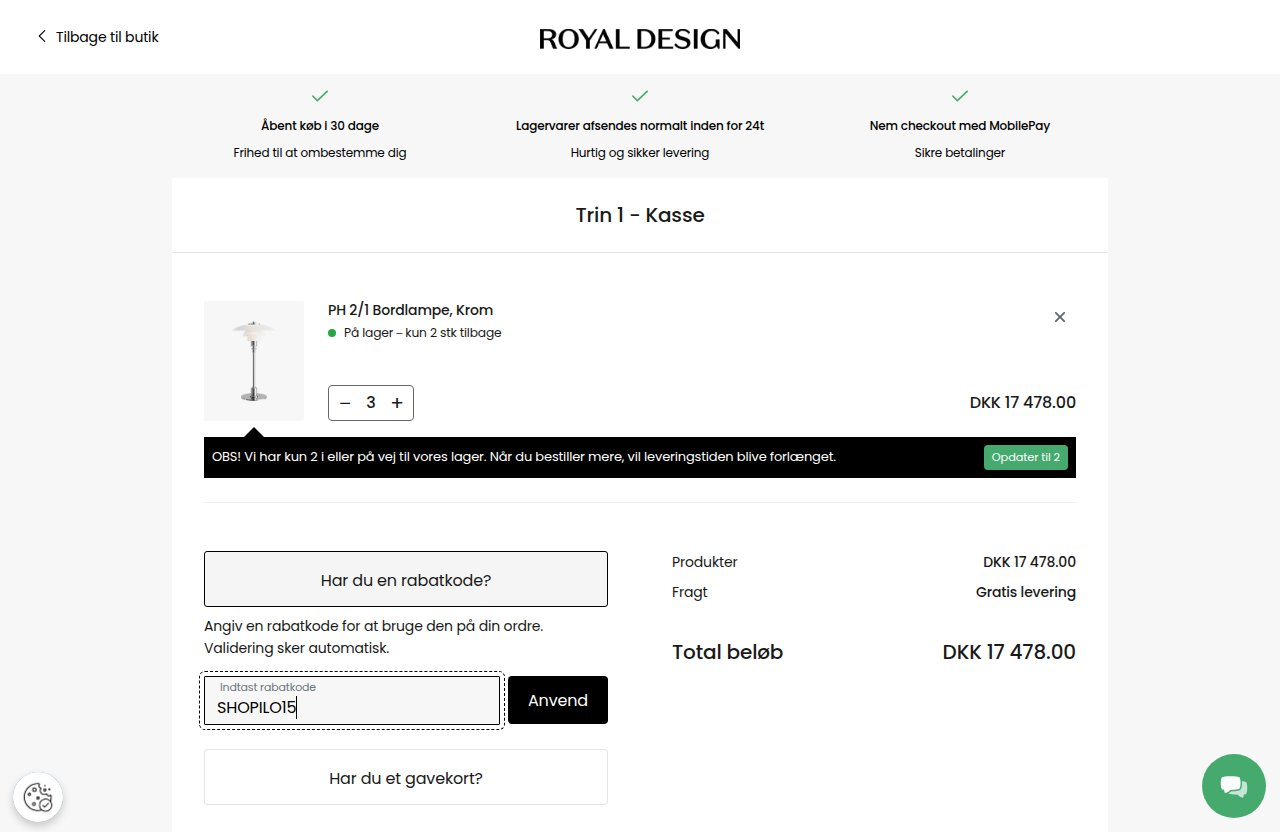 Hvor du indtaster rabatkoden på Royal Designs hjemmeside