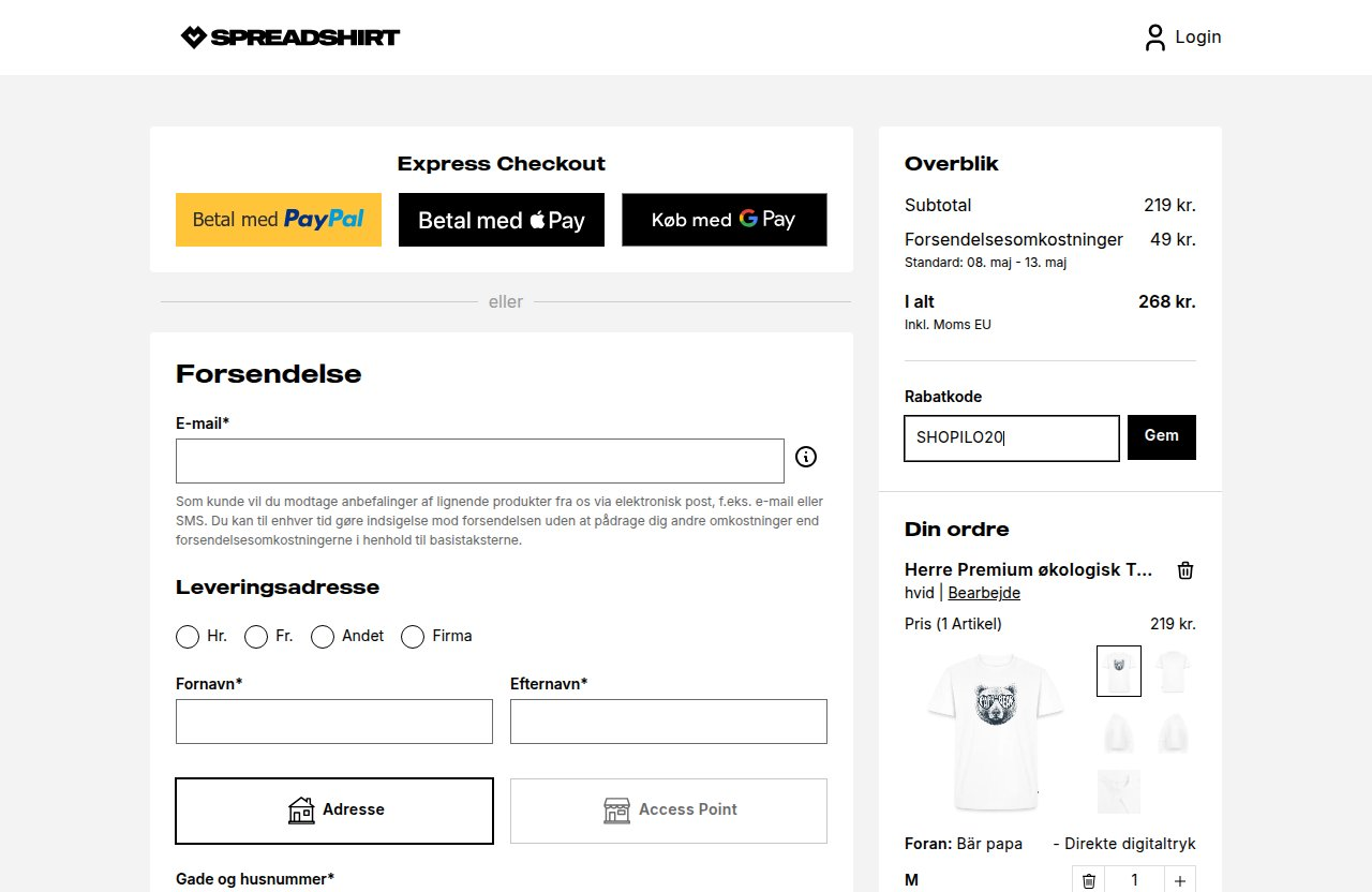 Hvor du indtaster rabatkoden på Spreadshirts hjemmeside