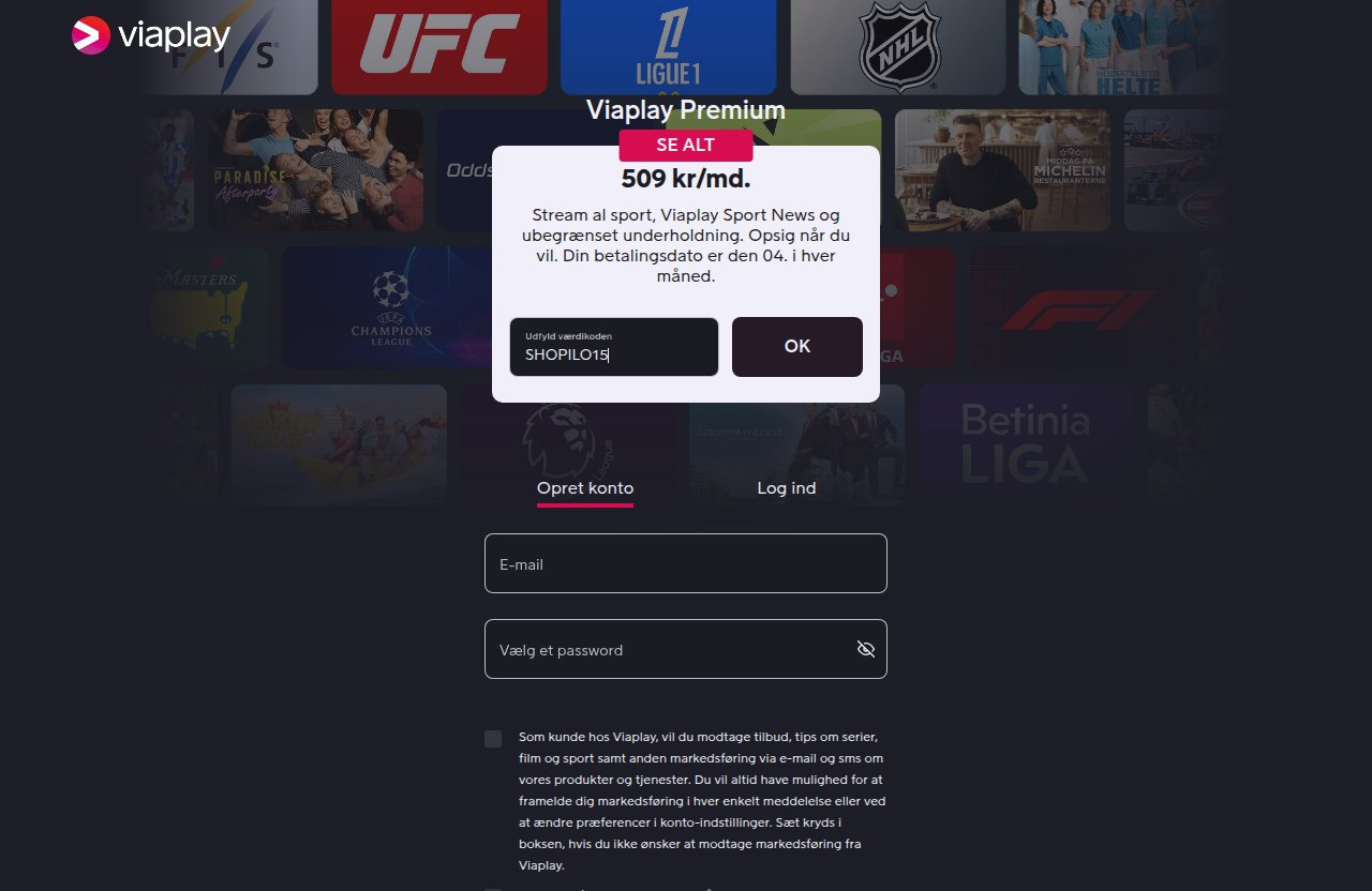 Hvor du indtaster rabatkoden på Viaplays hjemmeside